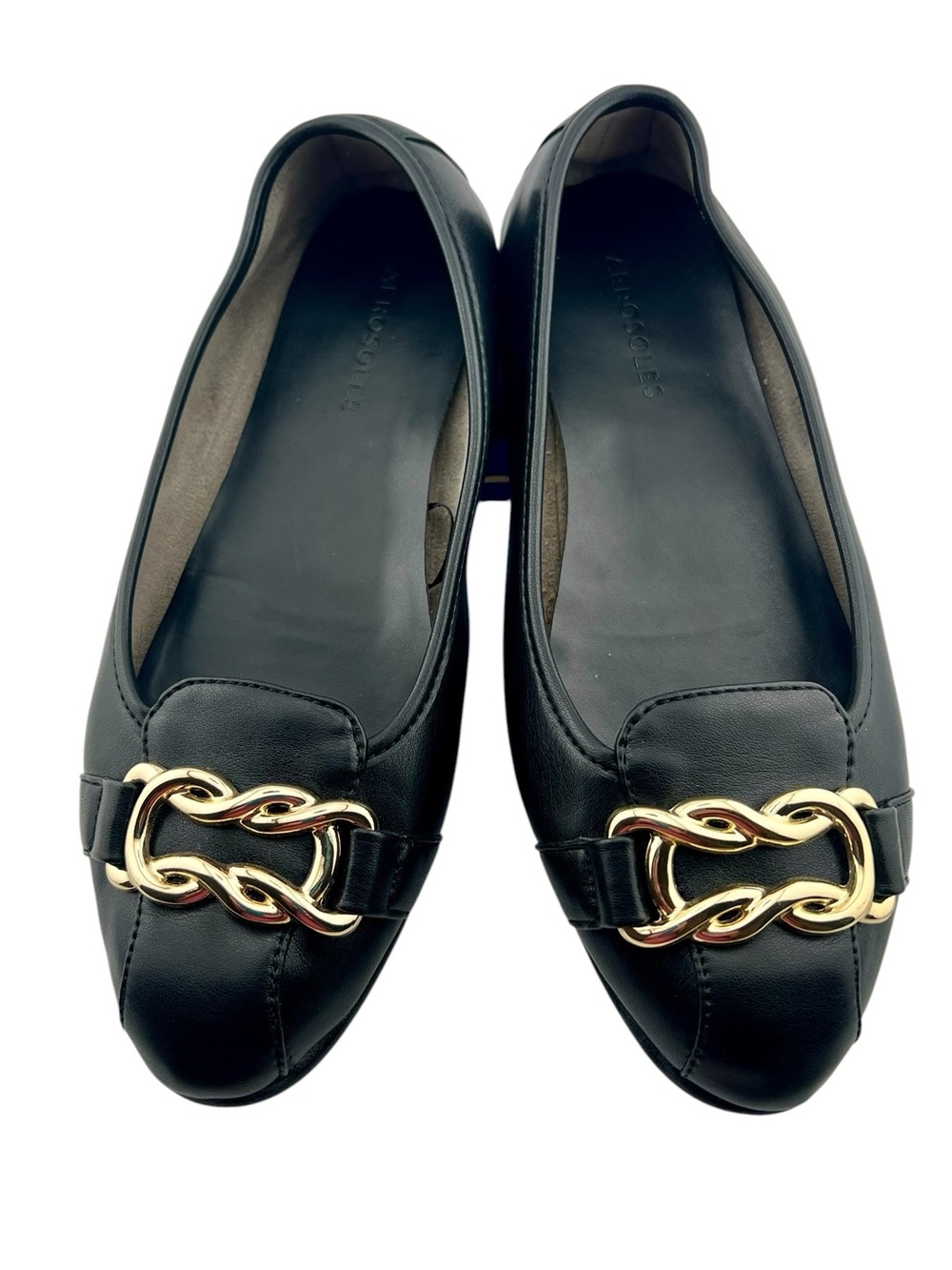Aerosols Black Leather Flats Gold Tone Hardware Rubber Soles Size 8 EUC